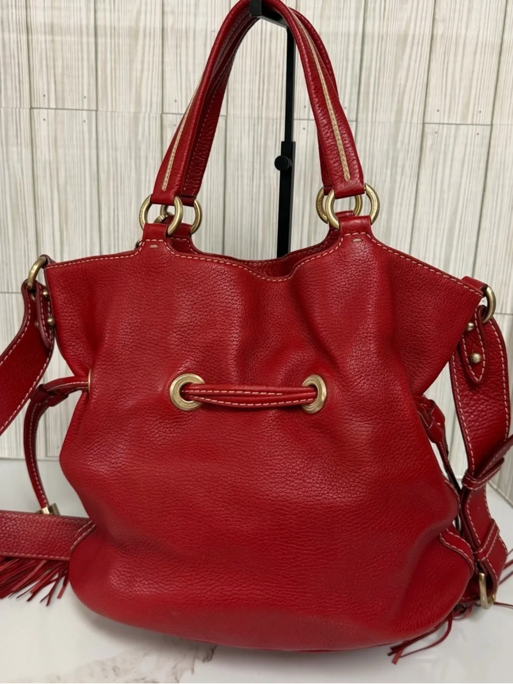 Lancel Red Pebbled Leather Shoulder Bag with Tassel Details